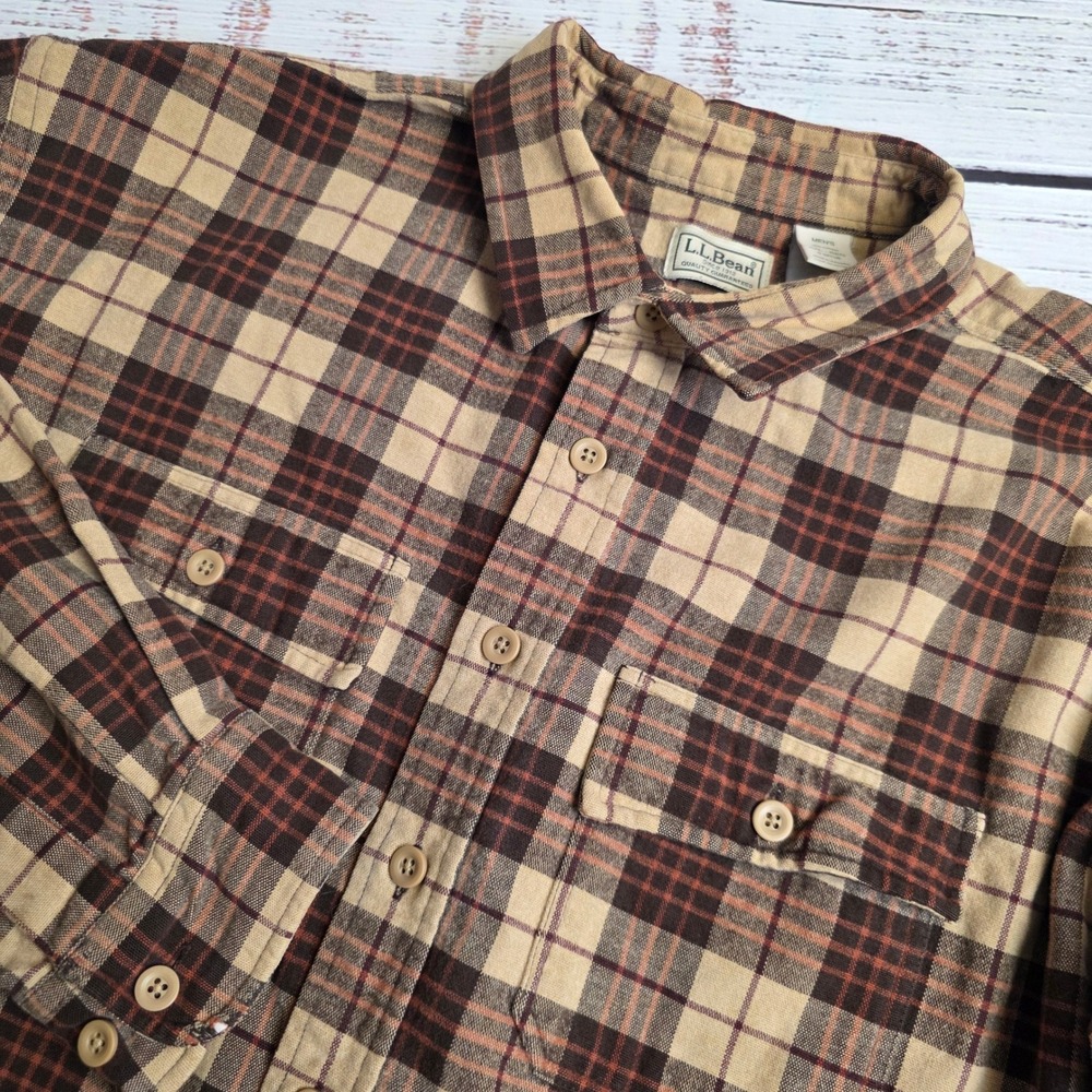 LL Bean‎ Mens XXL Brown Plaid Flannel Button Down Shirt 0MT06 Cotton Scoth Plaid